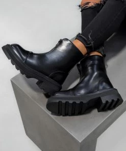 DMF DELEGATE Chunky Sole Zip Front Ankle Boots - Black PU SHOES