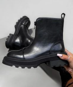 DMF DELEGATE Chunky Sole Zip Front Ankle Boots - Black PU SHOES