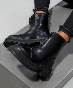 DMF DELEGATE Chunky Sole Zip Front Ankle Boots - Black PU SHOES