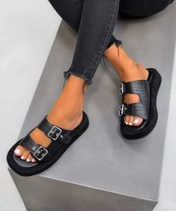 LIV DESTINO Chunky Strap Sandals - Black Croc SHOES