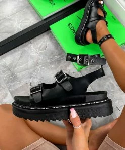 LIV DESTINY Chunky Buckle Gladiator Sandals - Black SHOES