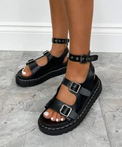 LIV DESTINY Chunky Buckle Gladiator Sandals - Black SHOES