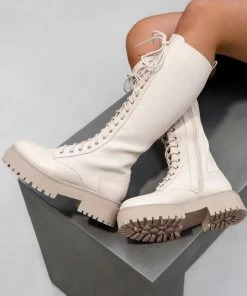 NDS SHOES DESTRUCTION Lace Up Midi Boots - Beige