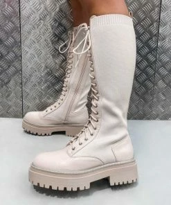 NDS SHOES DESTRUCTION Lace Up Midi Boots - Beige