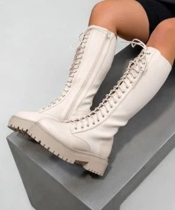 NDS SHOES DESTRUCTION Lace Up Midi Boots - Beige