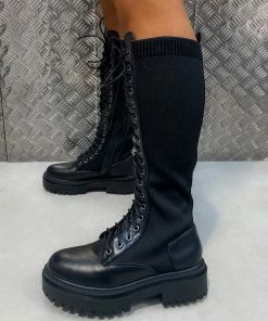 NDS DESTRUCTION Lace Up Midi Boots - Black SHOES