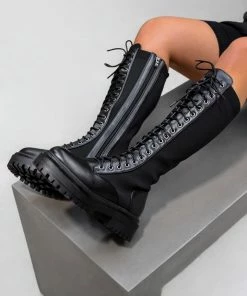NDS DESTRUCTION Lace Up Midi Boots - Black SHOES