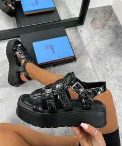 ELG DHALIA Chunky Gladiator Sandals - Black Croc