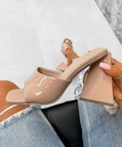 NDS SHOES ELINA Square Peep Toe Flared Block Heels - Beige