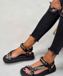 NDS ELIZA Chunky Chain Detail Sandals - Black PU