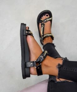 NDS ELIZA Chunky Chain Detail Sandals - Black PU
