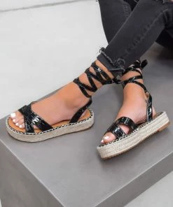 NDS ELORA Espadrille Cross Over Sandals - Black Croc