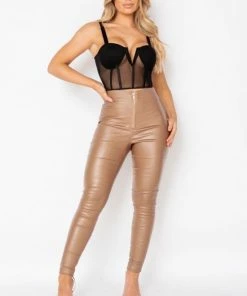 PAR Exposed Coated Zip Skinny Trousers - Camel