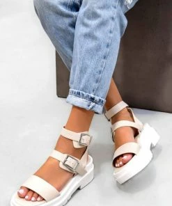 NDS FAITH Chunky Buckle Sandals - Cream PU SHOES