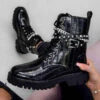 NDS FRAKTION Lace Up Studded Chain Ankle Boots - Black Croc