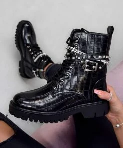 NDS FRAKTION Lace Up Studded Chain Ankle Boots - Black Croc