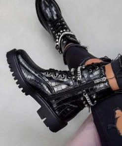 NDS FRAKTION Lace Up Studded Chain Ankle Boots - Black Croc