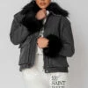 PAR CLOTHING Faux Fur Cuff & Collar Oversized Denim Jacket - Black