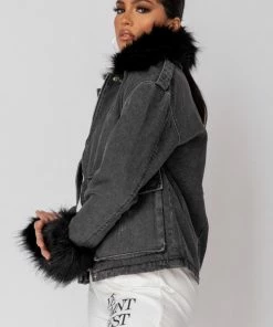 PAR CLOTHING Faux Fur Cuff & Collar Oversized Denim Jacket - Black