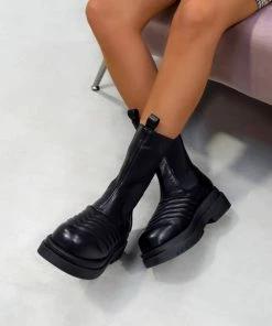 ELG GABBY Chunky Platform Ankle Boots - Black PU SHOES
