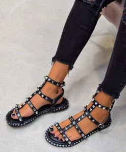 AJ Voyage Footwear GISELLE Studded Gladiator Sandals - Black SHOES
