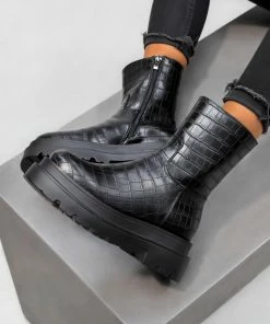 LIV GRACE Chunky Ankle Boots - Black Croc SHOES