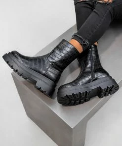 LIV GRACE Chunky Ankle Boots - Black Croc SHOES