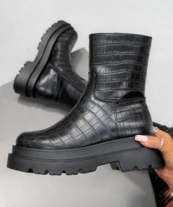 LIV GRACE Chunky Ankle Boots - Black Croc SHOES