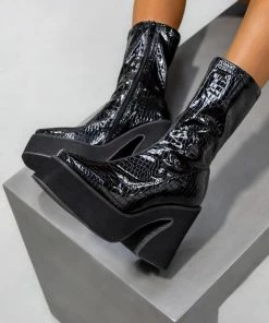 ELG SHOES HOLD UP Platform Sock Fit Boots - Black Croc Patent