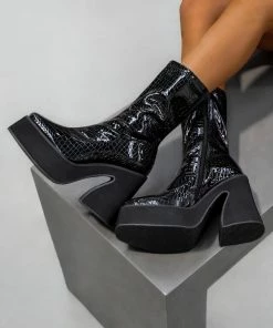 ELG SHOES HOLD UP Platform Sock Fit Boots - Black Croc Patent