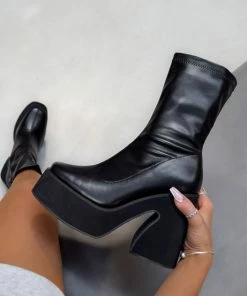 ELG SHOES HOLD UP Platform Sock Fit Boots - Black PU