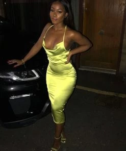 PUR CLOTHING Cowl Neck Satin Midi Dress - Lime