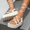NDS ISOBEL Chunky Platform Tie Up Gladiator Sandals - Cream SHOES