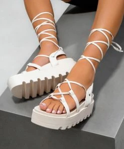 NDS ISOBEL Chunky Platform Tie Up Gladiator Sandals - Cream SHOES