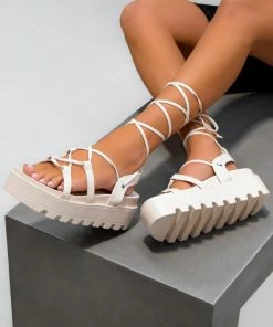 NDS ISOBEL Chunky Platform Tie Up Gladiator Sandals - Cream SHOES