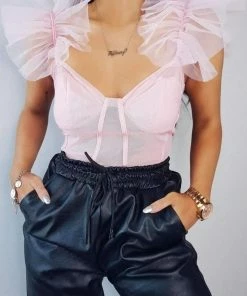 AJ Voyage Tops JENA Frill Shoulder Bodysuit - Pink