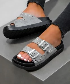 LIV JESSIE Chunky Buckle Sandals - Grey Suede