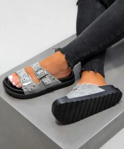 LIV JESSIE Chunky Buckle Sandals - Grey Suede