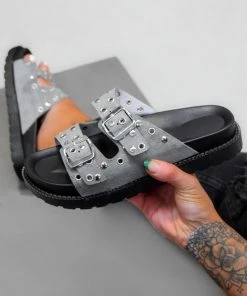LIV JESSIE Chunky Buckle Sandals - Grey Suede