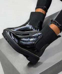 LIV JESSY Chunky Panelled Ankle Boots - Black Croc