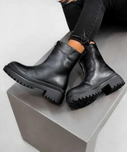 DMF JONI Chunky Sole Zip Front Ankle Boots - Black PU