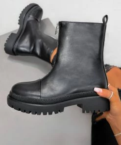DMF JONI Chunky Sole Zip Front Ankle Boots - Black PU