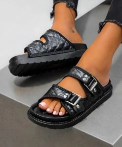 LIV KADY Chunky Quilted Velcro Sandals - Black