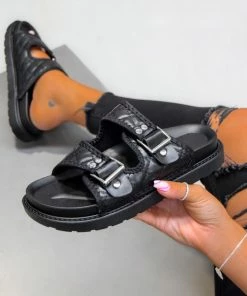 LIV KADY Chunky Quilted Velcro Sandals - Black