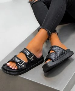 LIV KADY Chunky Quilted Velcro Sandals - Black