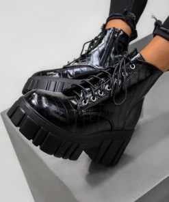 ELG KAHLIA Chunky Platform Ankle Boots - Black Croc SHOES