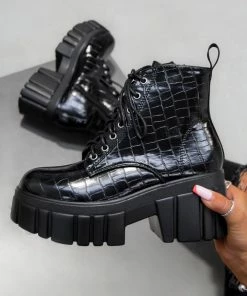 ELG KAHLIA Chunky Platform Ankle Boots - Black Croc SHOES