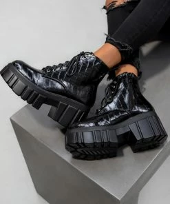 ELG KAHLIA Chunky Platform Ankle Boots - Black Croc SHOES