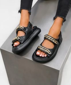 NDS KAILA Chunky Chain Detail Sandals - Black PU