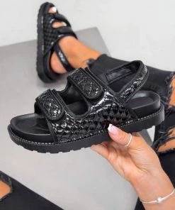 LIV KARLA Chunky Quilted Velcro Sandals - Black